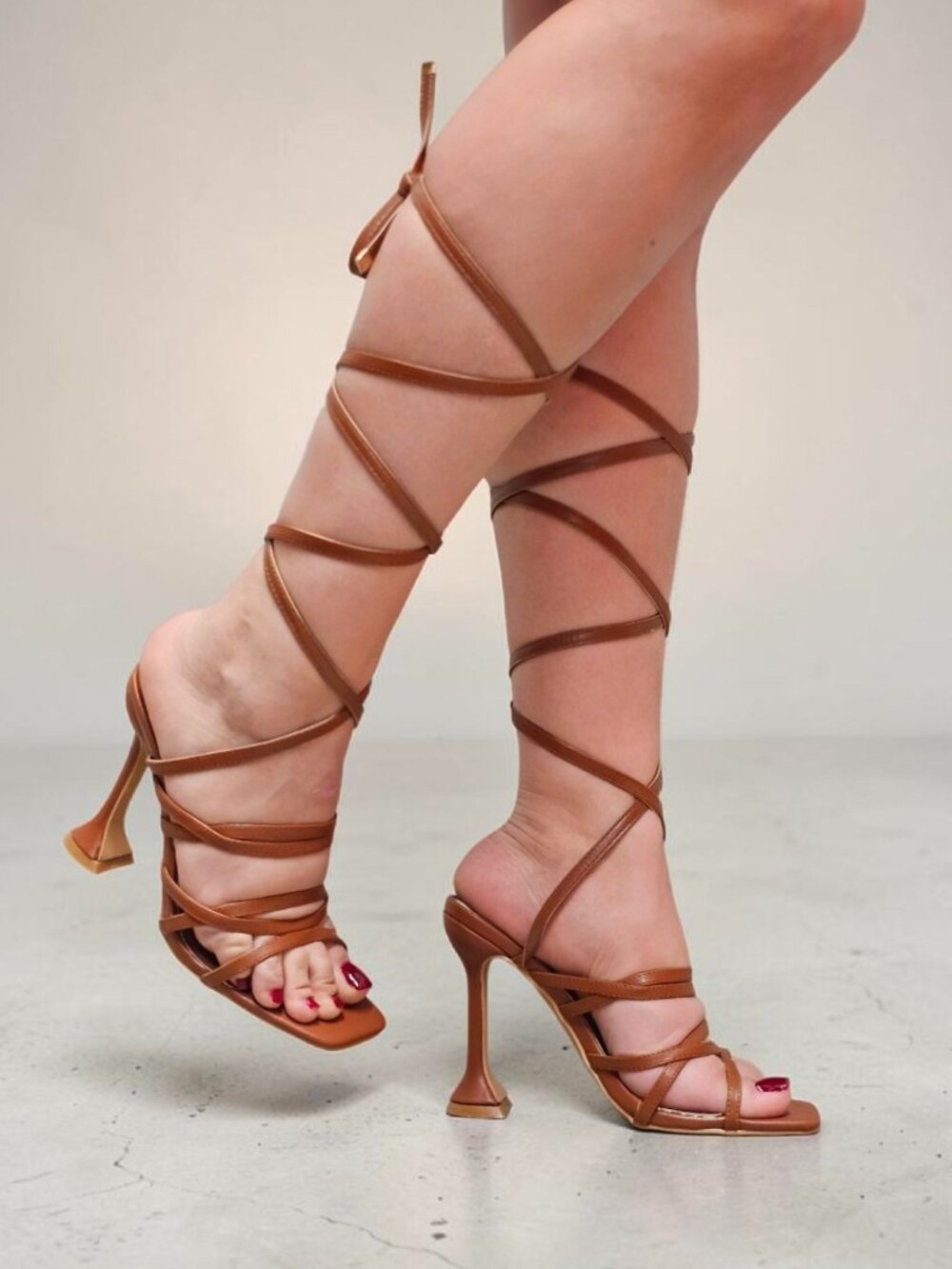 Strappy Brown Gladiator Heels With Lace-Up Design & Square Toe High Heel Sandals